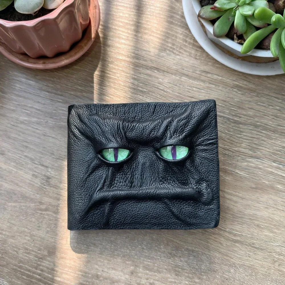 Men's 3D Black Magical Horror Demon Eyes Genuine Leather Handmade Custom Wallet